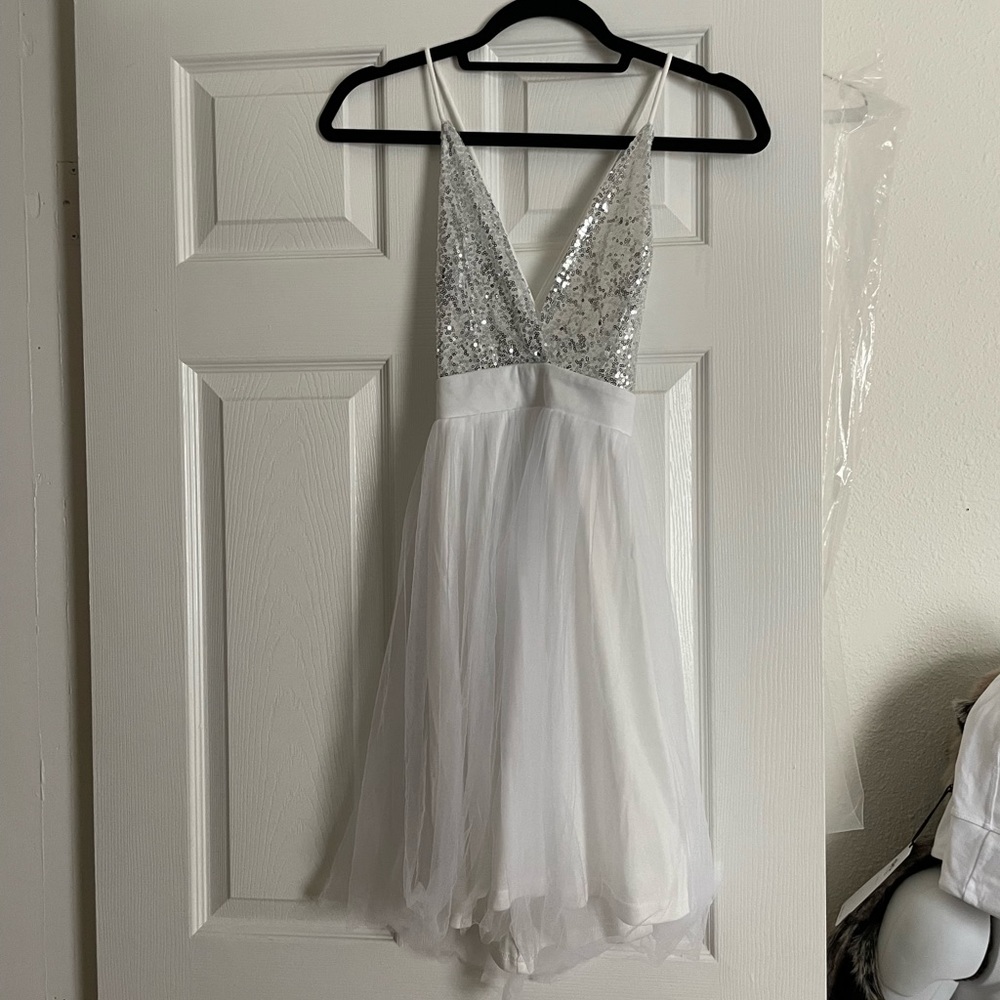 Glamorous Silver and White Sequin Mini Dress